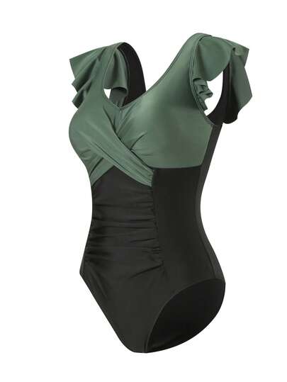 Fashion Color-Block One-Piece Swimsuit - Olive Green V-Neck Cross-Tie + Black High-Waisted Ruffled Skirt | Retro Ruffle Short Sleeves & Modern Minimalist Cut For Luxe Vacation Style