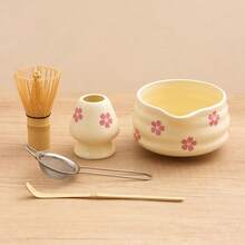 1pc/2pcs/5pcs Japanese Style Ceramic Matcha Tea Set, Includes Matcha Bowl With Spout, Stainless Steel Matcha Sifter, Natural Bamboo Whisk, Matcha Whisk Holder, And Bamboo Matcha Scoop, Ideal Gift For Matcha Lovers