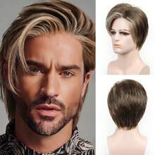 Short Brown Wigs For Men Curly Layered Natural Looking Side Part Hair Heat Resistant Synthetic Wigs With Wig Cap A Greyish-White Men's Wig