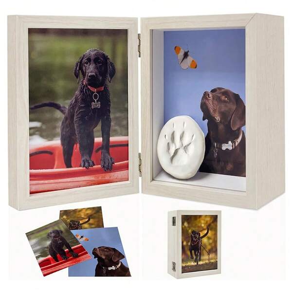 1PC 5x7in Pet Memorial Picture Frame Shadow Box For Dogs And Cats Frame Keepsake For 3 Photos ,Pet Paw Print Display With Double Hinges And Glass Front, Memorial Gifts 4X6in Photo Frame, Remembrance Sympathy Deep Display Case For Keepsake Collar Hair