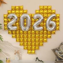 2026 新年快乐派对装饰套装，铝箔心形气球，悬挂旗帜横幅，适合除夕庆祝活动 - 彩色 - 查看 2