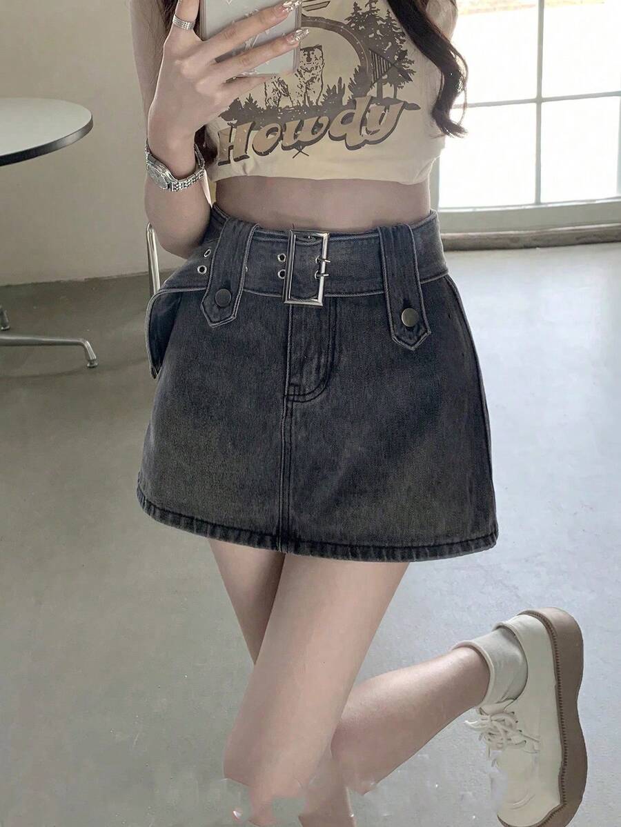 Women's Casual Washed Denim Skirt Pants With Belt, Summer