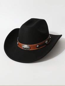 1pc Women's Fashion Solid Color Brim Felt Hat, Paired With Wide Silver Cowhead Belt Decor, Unique Western Cowboy Hat, Versatile For All Seasons, Outdoor Party & Casual Wear, Unisex