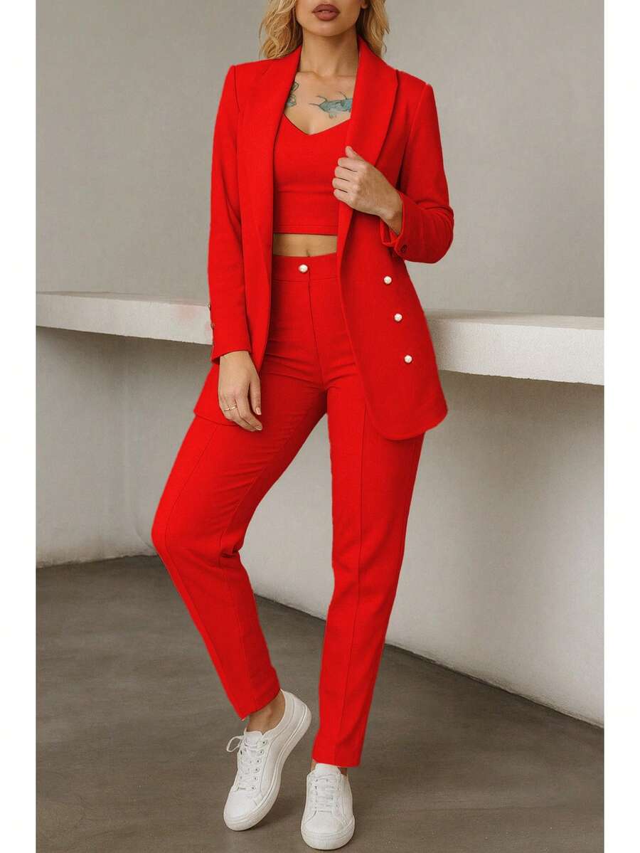 Conjunto elegante de blazer y pantalón de manga larga con cuello chal y doble botonadura para mujer, tejido elástico medio.