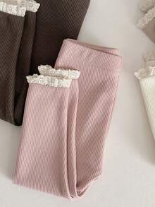 Newborn Baby Girls Solid Color Lace Trim Elastic Leggings, Spring/Autumn - Pink - View 5