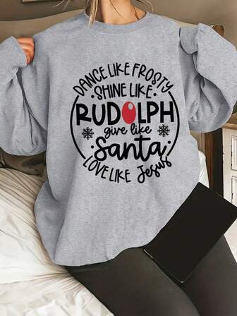 休闲字母印花圆领卫衣，宽松长袖秋冬款，针织面料，女款