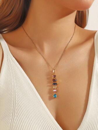 1pc French Elegant Colorful Long Tassel Clavicle Chain, Zirconia Water Drop Pendant Necklace, Fashionable Luxury Women Jewelry Gift