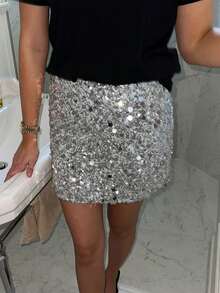 Unadoll Women's Spring And Summer Silver Sequin Wrapped Hip Skirt Versatile Short Skirt, Suitable For Cocktail Parties, Guest Activities, Christmas