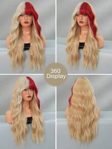 7JHH WIGS Long Wave Blonde & Red Highlight Wigs For Women - Loose Fluffy Wavy Curly Wig With Bangs, Full Machine High Density Synthetic Heat Resistant Fiber Hair, Exaggerated Style Anime Halloween Costume Wigs For Cosplay Wear, Masquerade Ball & Music Festival Carnival Party Use 26 Inch - 挑染紅色 - 查看 6