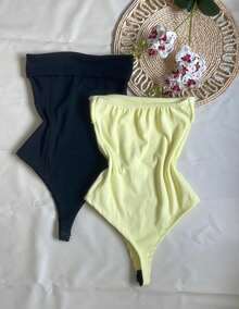 Kit Two (2) Women's Strapless Bodysuits Versatile Elegant Comfortable Spring Summer - Black and Butter Yellow - View 3