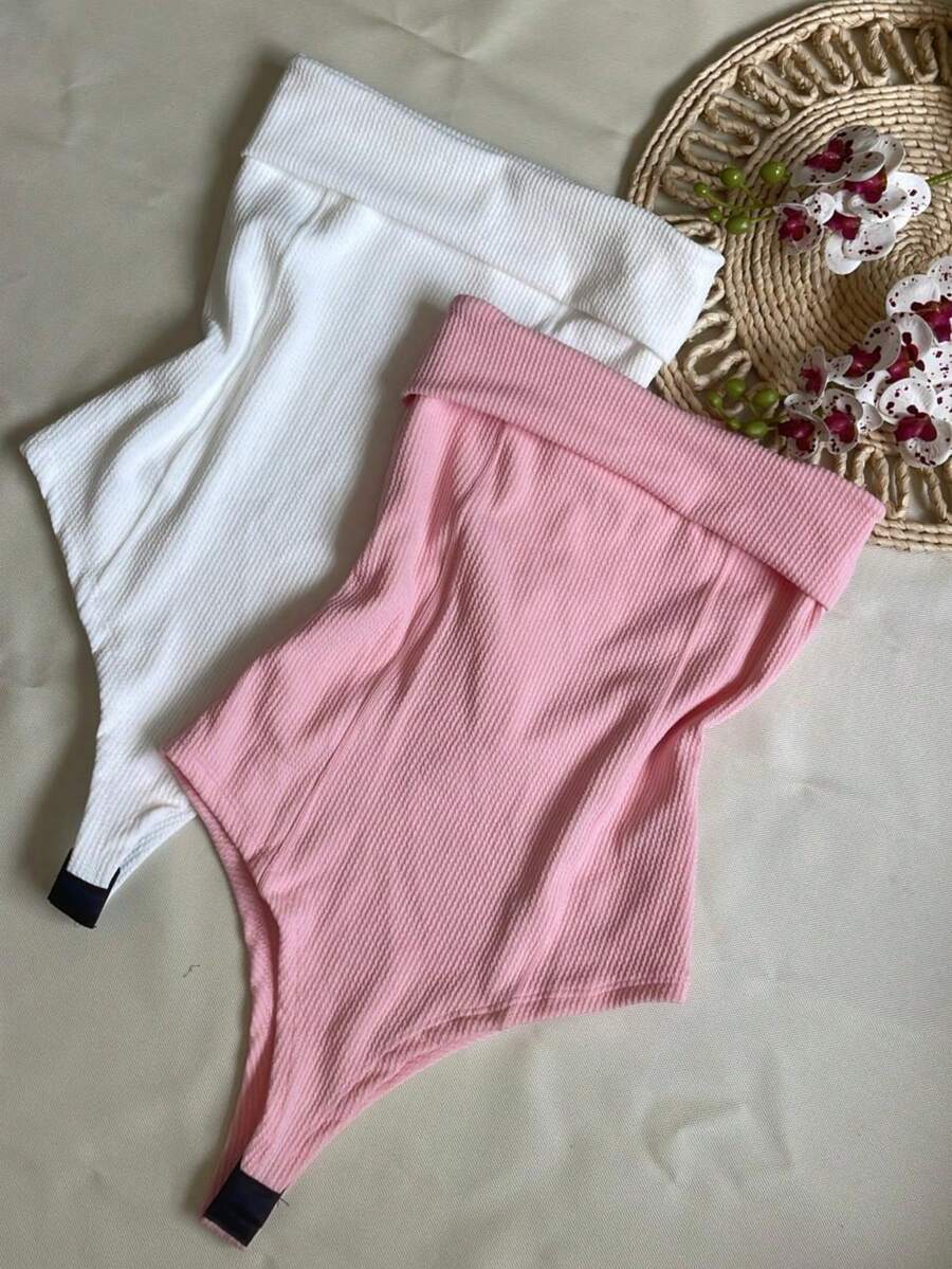 Kit Two (2) Women's Strapless Bodysuits Versatile Elegant Comfortable Spring Summer - White and Baby Pink - View 1