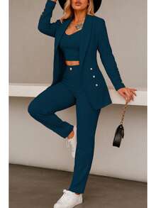 Conjunto elegante de blazer y pantalón de manga larga con cuello chal y doble botonadura para mujer, tejido elástico medio. - Azul Marino - Ver 3