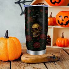 Taza Aislada de 20 oz Día de los Muertos y Halloween - Aislamiento de Doble Pared, Diseño de Calavera y Catrinas - Ideal para Café y Agua - Decoración Festiva para el Hogar o la Oficina (Múltiples Colores) - Rojo - Ver 7