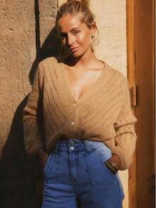 Solid Color Cardigan Long Sleeve Knit Top Sweater Jacket, Autumn/Winter - Khaki - View 3