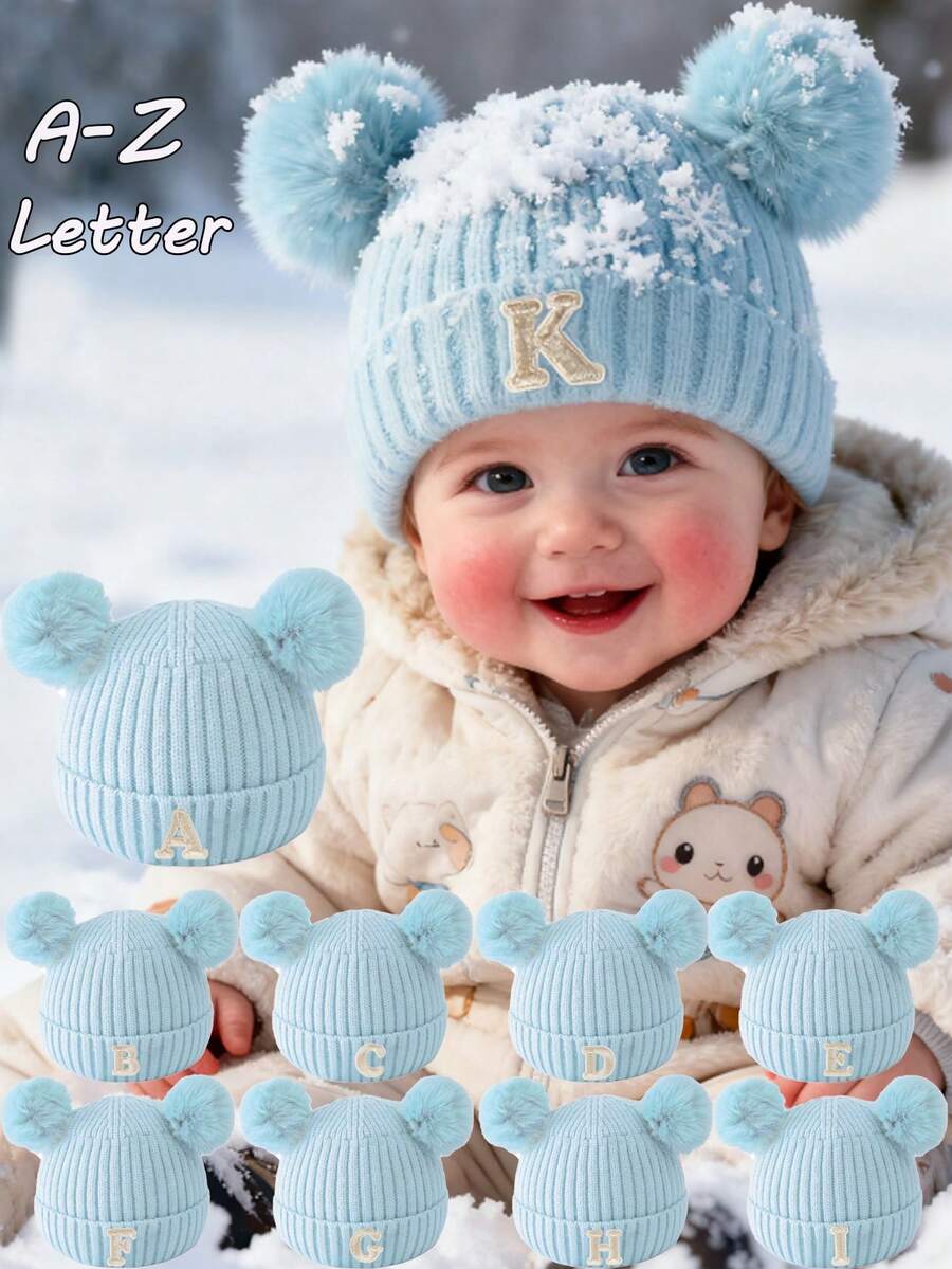 1PC Baby A-Z Letter Knitted Caps Kids 0-3Y Winter Warmth, Double-Layer Thickening Baby Wool Knitted Bonnet Newborn Baby Hat Double Pompom Cute Hat For Kids Boys Girls Children Beanie Cap