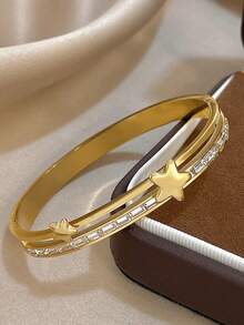 18K Gold Plated Stainless Steel Luxury Elegant Star Charm Bangle Bracelet Set With Mother Of Pearl, Mom Gift Christmas Thanksgiving Halloween Wedding Rave/Prom/Party/Daily Accessories Gift For Anniversary Valentine's Day Boho Jewelry Birthday Bridesmaid Gifts