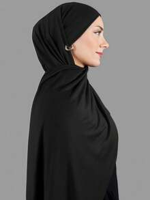 1pc Women's Simple Classic Solid Color Elegant Casual Edged Scarf, Premium Knit Fabric Viscose Jersey Hijabs Scarf, Long Turban Style Headscarf, Suitable For Daily Life, Outings And Gatherings - Black - View 2