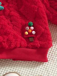 女童毛绒格纹卫衣，圣诞元素，2025新款，可爱圣诞树、驯鹿、圣诞帽装饰，红色立领长袖休闲上衣 - 紅色 - 查看 8