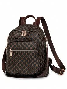 女士复古背包，新款时尚百搭 PU 格子学生单肩包旅行包 - 棕色 - 查看 6