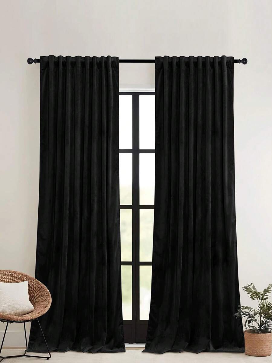 1 件天鹅绒遮光窗帘，卧室客厅遮光窗帘，法式奢华复古美式欧式天鹅绒窗帘 - 黑色 - 查看 1