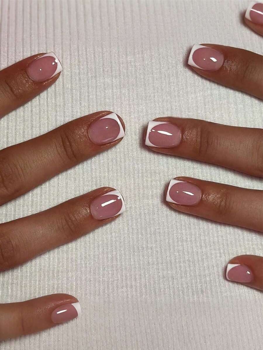 24片装短方形法式美甲贴片，白色法式长方形可重复使用全覆盖假指甲，简约风格，表面光滑，适合女性和女孩日常佩戴的美甲用品 - 彩色 - 查看 1