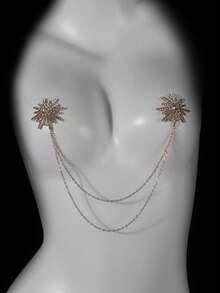 1 Stück erotisches Accessoire mit Strass-Stern Design, Körperkette, einfaches asymmetrisches Strass-Brustpflaster, Flirtrequisiten für Paar, sexy doppellagige Metallbrustkettenunterwäsche-Accessoires - Verschiedenfarbig - Übersicht 1