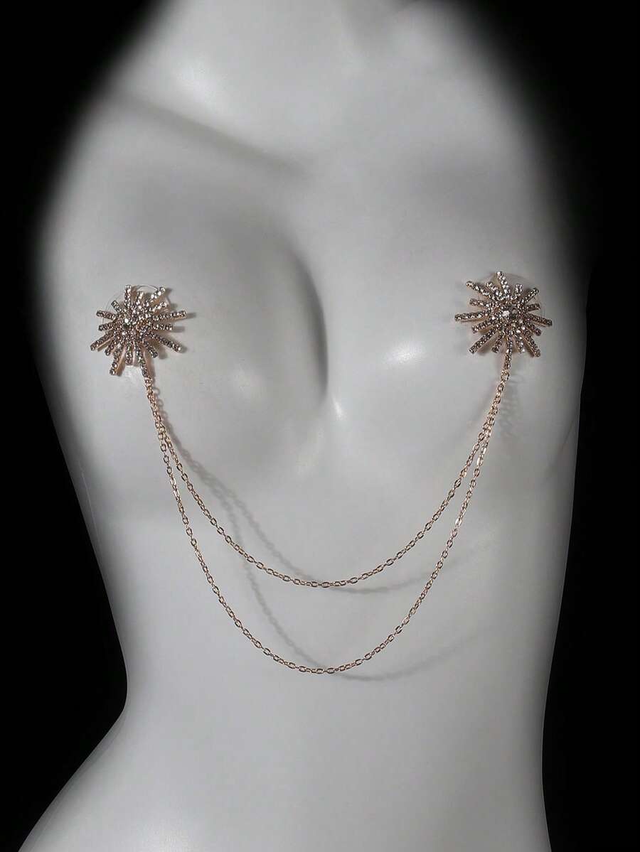 1 Stück erotisches Accessoire mit Strass-Stern Design, Körperkette, einfaches asymmetrisches Strass-Brustpflaster, Flirtrequisiten für Paar, sexy doppellagige Metallbrustkettenunterwäsche-Accessoires - Verschiedenfarbig - Übersicht 1