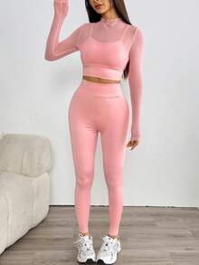 2 件性感网眼 T 恤和裤子套装，休闲运动装 - 粉色 - 查看 5