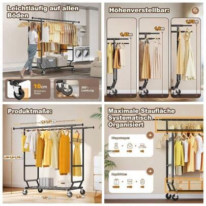 Double Rod Clothes Rail, Heavy Duty 204kg450lbs Capacity With Wheels Shelves, Portable Clothing Rack Bedroom, Laundry Room, Coats Garments, Black