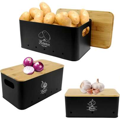 Kartoffel-Aufbewahrungsbox, 3er Set, Frischhaltedose für Kartoffeln, Zwiebeln und Knoblauch, Hält Länger Frisch, Matt Schwarz, aus Karbonstahl