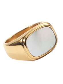 1pc Bohemian Style White Ceramic Square Ring, Stainless Steel Material - Suitable For Daily Wear And New Year Gift, Jewelry With Luxurious Bohemian Appearance