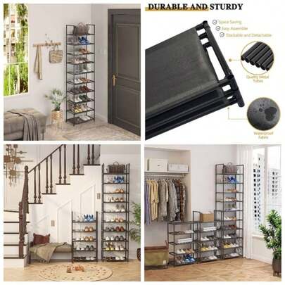 Shoe Rack, 10 Tier Shoe Storage Organizer With Hooks, Fit 40 Pairs Shoes, Metal Tall Shoe Shelf Closet, Entryway, Garage, Bedroom, Cloakroom