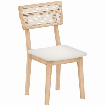 Dining Chair, Rattan Backrest, Imitation Leather Seat, Rubber Wood, Natural Wood