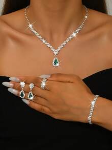 5pcs Flower Pendant Necklace, Earrings, Bracelet Jewelry Set, Suitable For Women's Evening Party - Green - View 6