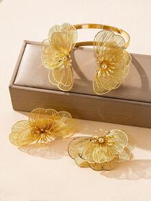 Set de pulsera y anillo con colgante de flor hueca con textura metálica dorada elegante, adecuado para atuendos diarios, de fiesta y de vacaciones de mujeres - Amarillo Oro - Ver 2