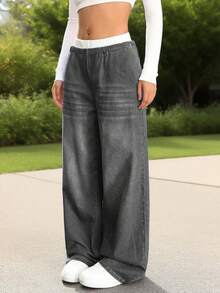 بنطلون فضفاض واسع الساق للنساء الشابات ذوات الحجم الكبير، بتصميم مخطط أزرق وأبيض، قصة عصرية، خفيف الوزن ومنفذ للهواء - رمادي - مشاهدة 6