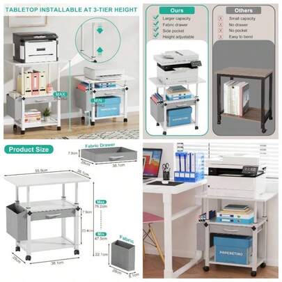 2 Tier Printer Stand On Wheels, 56x38cm Printer Table With Drawer Storage, Under Desk Printer Stand Pinter Shelf Home Office Organization, Fit Fax Sca