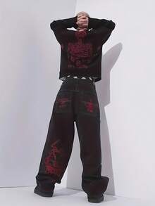 Men's Casual And Fashionable Embroidered Jeans, A Must-Have For Halloween Enthusiasts, A Top Choice For Halloween Outfits - 黑紅 - 查看 3