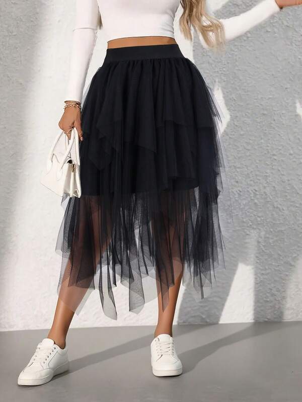 Women's Black Mesh Layered A-Line Midi Skirt, Asymmetrical Hem Ballet Tutu Style, Suitable For Christmas, Halloween Costumes