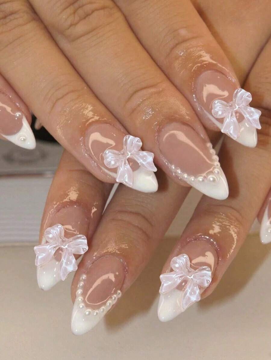 24pcs Nail Sticker Set With Almond French And Bow Tie Faux Pearl Nail Art Decals, Includes 1pc Jelly Gel And 1pc Nail File, Designed For Women And Girls - 多色 2 - 查看 1
