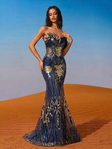 AOSHABABI 藏蓝色金色美人鱼款正式礼服，饰以精美手工叶形串珠，无肩带设计，腰部系带可调节，适合夏季婚礼、派对、宴会、音乐会、商务场合等，高端女士正式晚礼服 - 藏蓝色 - 查看 5
