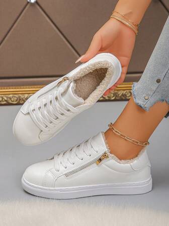 Women's New Autumn/Winter Outdoor Warm Casual Sports Shoes, Comfortable Casual Versatile Round Toe Lace-Up Side Zipper Sneakers, Classic One-Push Winter Lace-Up White Casual Shoes