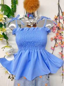 T109Crop Top With Straps And Ruffles - Baby Blue - View 2