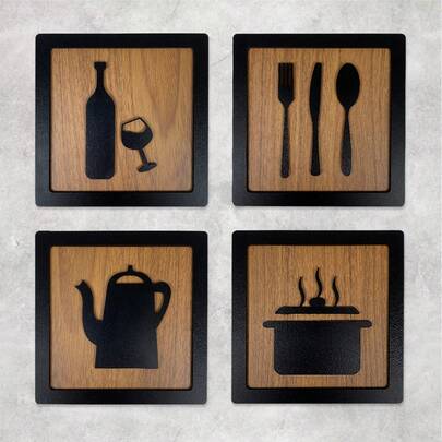Kit 4 Quadros Decorativos Mdf 15cm Decoração Para Cozinha Espaço Área Gourmet Plaquinha Utensílios