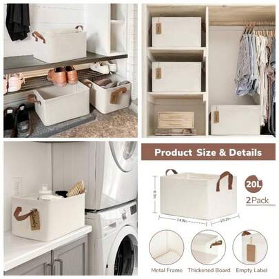 Storage Baskets, Storage Boxes Shelves, Closet Organizers, Baskets Shelves, Large Foldable Wardrobe Fabric Boxes, 43x 28x 25, Beige, 2 - Pack