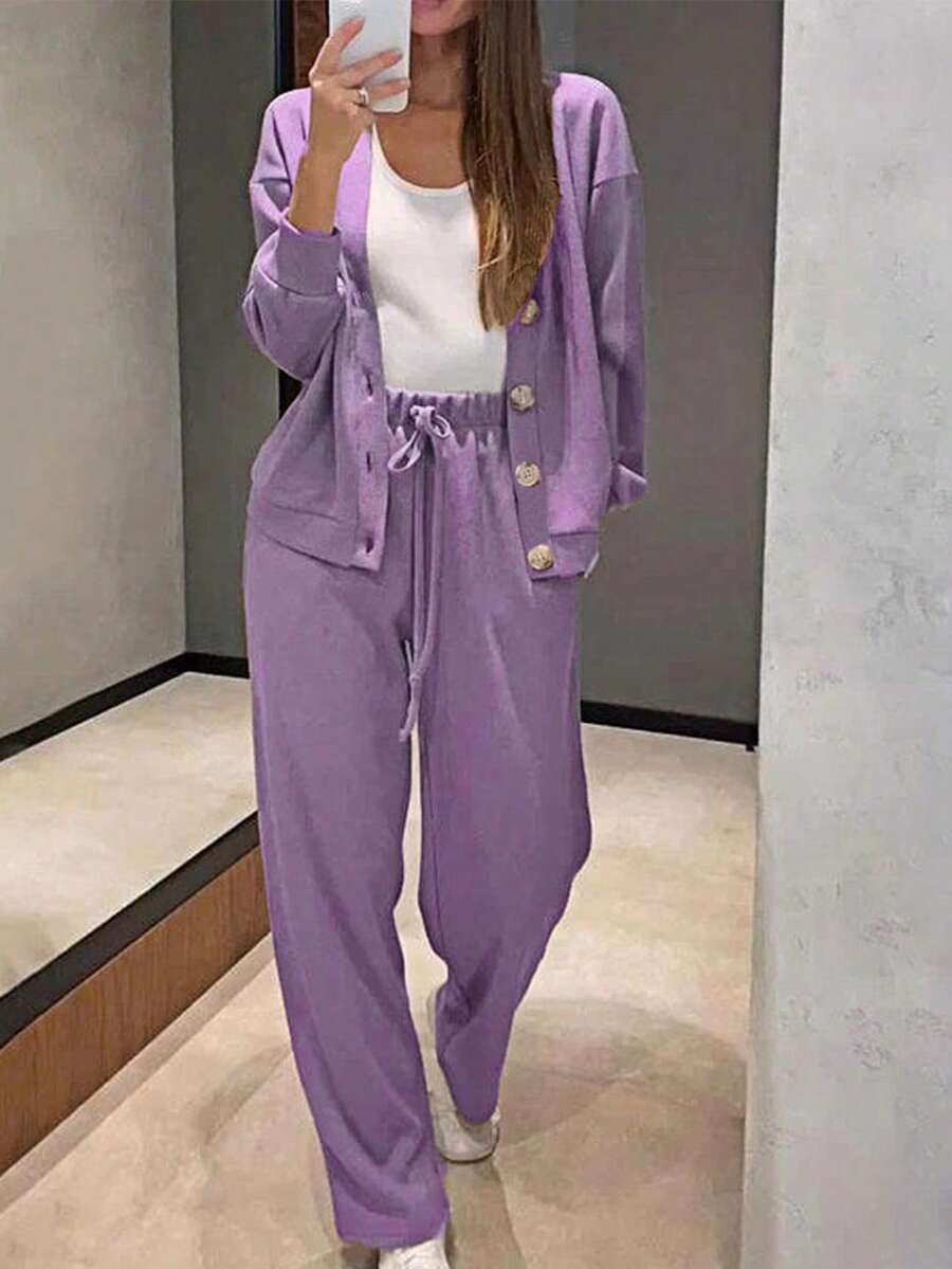 Set de 2 piezas de chaqueta de punto casual y pantalones con cordón para mujer