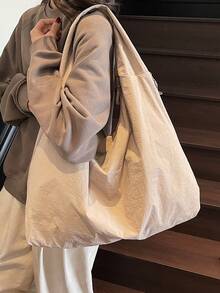 Lightweight Large Capacity Nylon Shoulder Bag. Two Side Pockets For Easy Storage. Minimalist Style, Suitable For Daily Use In Summer, Can Be Used As A Commuter Bag Or For Casual Travel. - Khaki - View 9