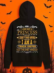 1pc Men'S Funny Truck Driver Graphic Hooded Sweatshirt - I Am Not A Princess I Am A Truck Driver Slogan, Black With Yellow Text & Semi-Truck Design, All-Season Casual Streetwear, Regular Fit Long ,Fall Hoodies,Men's Fall Clothes,Street Wear,Halloween,Mens Hoodies,Y2k Clothes,Jesus Hoodie,Thanksgiving Day,Nightmare Before Christmas,Christmas - 黑色 - 查看 1