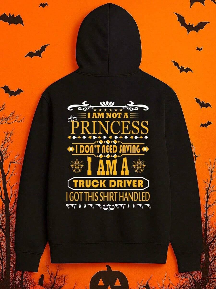 1pc Men'S Funny Truck Driver Graphic Hooded Sweatshirt - I Am Not A Princess I Am A Truck Driver Slogan, Black With Yellow Text & Semi-Truck Design, All-Season Casual Streetwear, Regular Fit Long ,Fall Hoodies,Men's Fall Clothes,Street Wear,Halloween,Mens Hoodies,Y2k Clothes,Jesus Hoodie,Thanksgiving Day,Nightmare Before Christmas,Christmas - 黑色 - 查看 1
