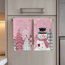 MEMNUN 2pcs Christmas Pink Plaid Forest Christmas Tree & Snowman Printed Kitchen Towels, 15.75*23.62in (40*60cm) Super Soft Absorbent Microfiber Dish Towels, Hand Towels, Dish Cloths, Christmas Decor, Home Decor, Kitchen Decor, Cooking Baking Tea Towels, Cleaning Supplies, Suitable For Restaurant Kitchen, Christmas Holiday Decoration And Gifts, All Season